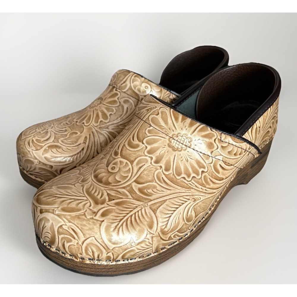 Dansko Beige Floral Embossed Clogs